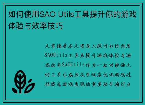如何使用SAO Utils工具提升你的游戏体验与效率技巧